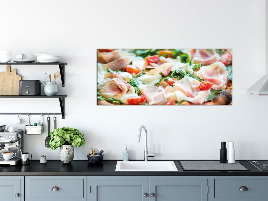 Pizza mit Parmaschinken, Glasbild Panorama