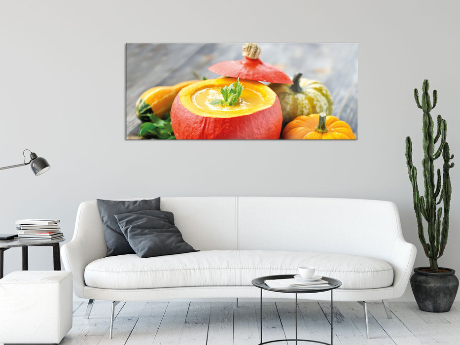 Leckere Kürbissuppe, Glasbild Panorama
