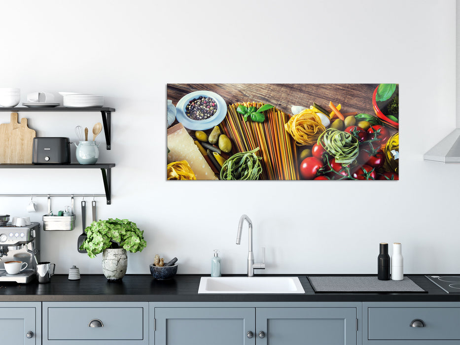 Pasta Italia mit Tomaten, Glasbild Panorama