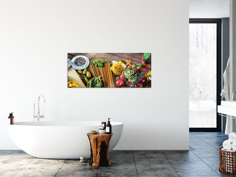Pasta Italia mit Tomaten, Glasbild Panorama