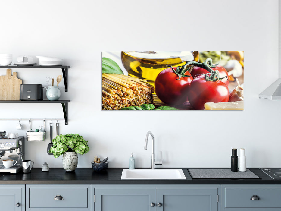 Spaghetti Tomaten Parmesan, Glasbild Panorama