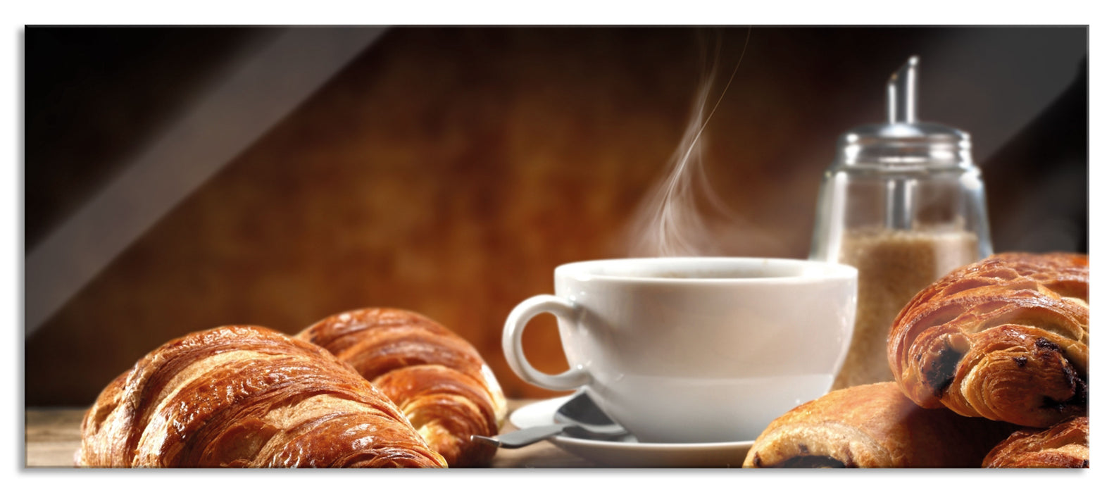 Pixxprint Croissant zum Kaffee, Glasbild Panorama