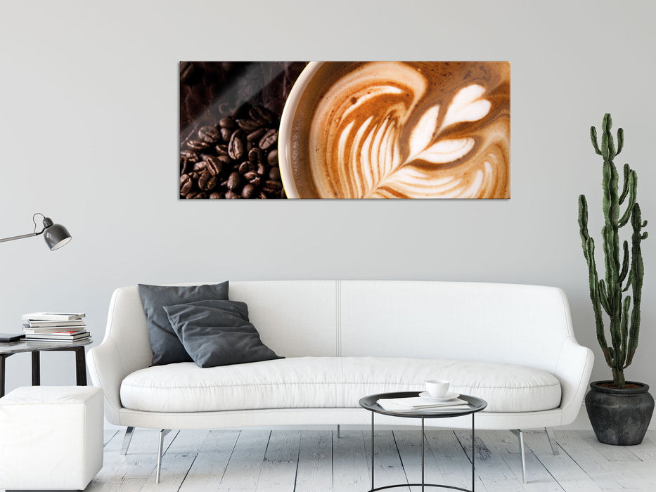 Tasse Kaffee mit Schaumherz, Glasbild Panorama
