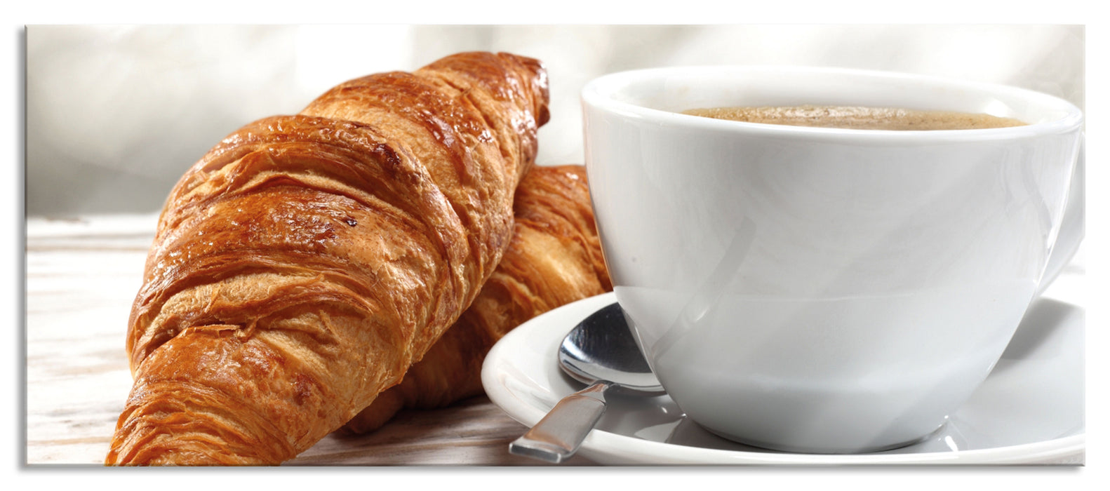 Pixxprint Frisches Croissant und Kaffee, Glasbild Panorama