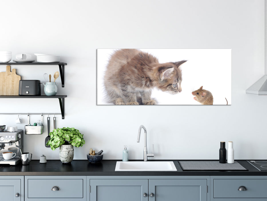 Katze und Maus Freunde, Glasbild Panorama