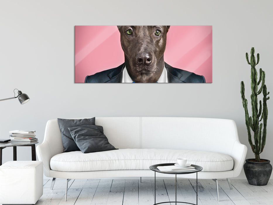 Manager Hund mit Anzug, Glasbild Panorama