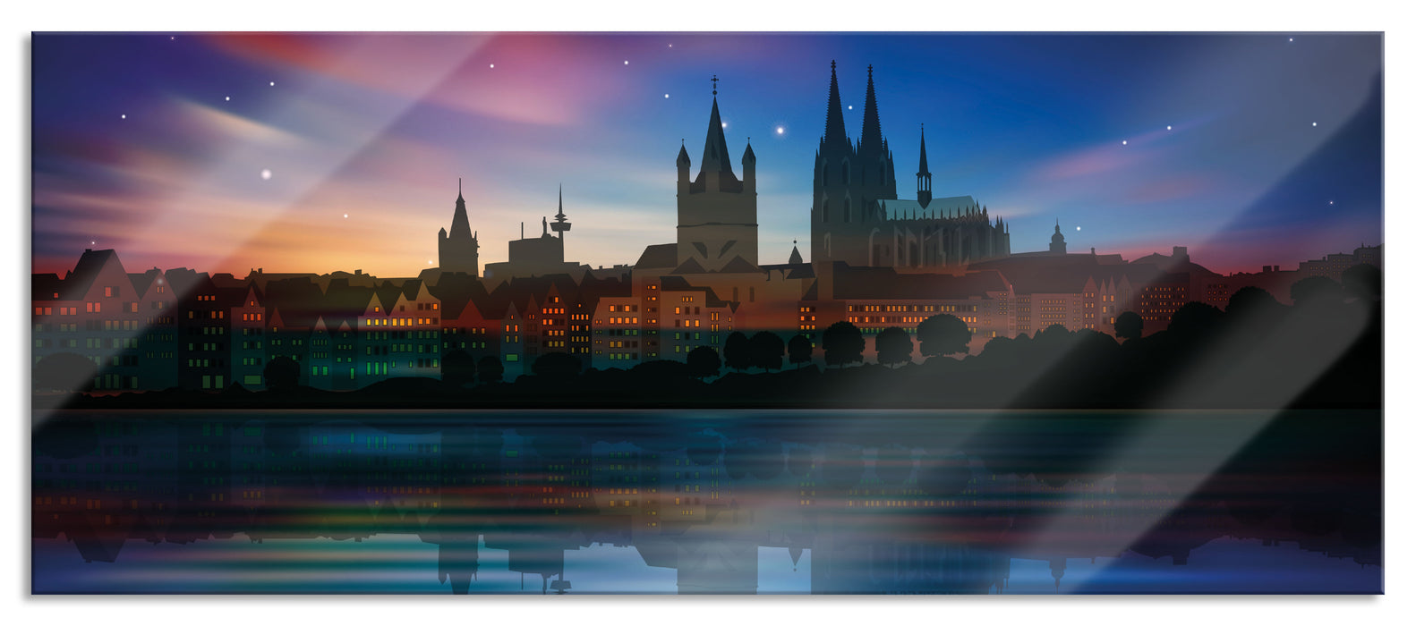 Pixxprint Polarlichter Skyline Köln, Glasbild Panorama