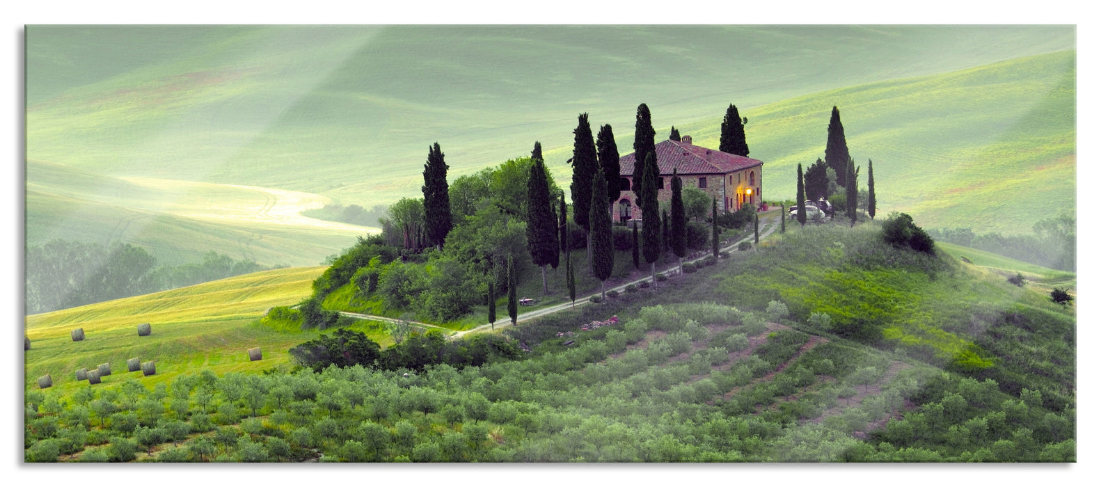 Pixxprint Wunderschöne Toskana Landschaft, Glasbild Panorama