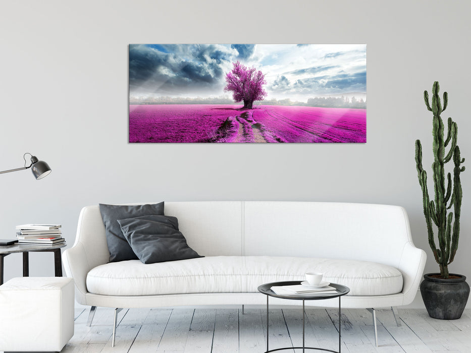 Pinkes Feld mit pinkem Baum, Glasbild Panorama