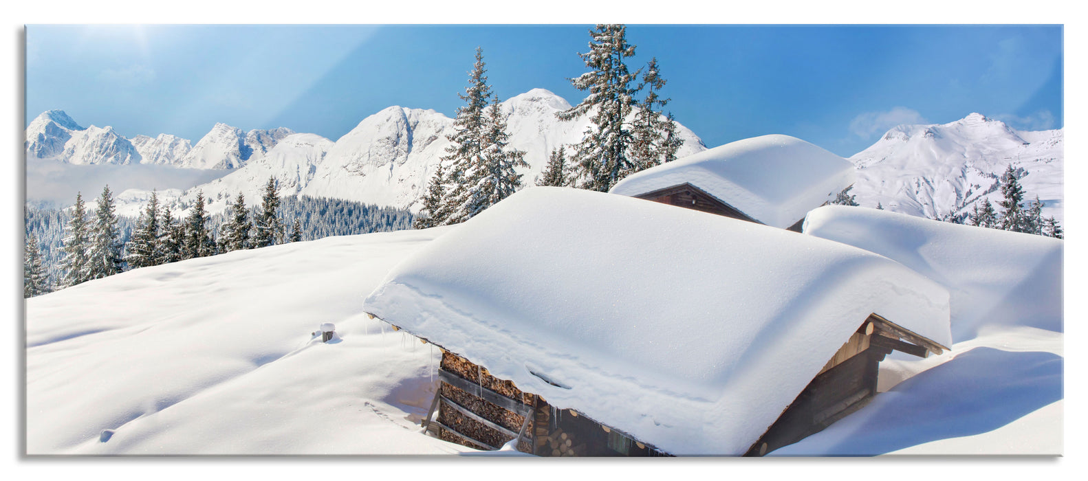 Pixxprint Berghütten in den Alpen, Glasbild Panorama