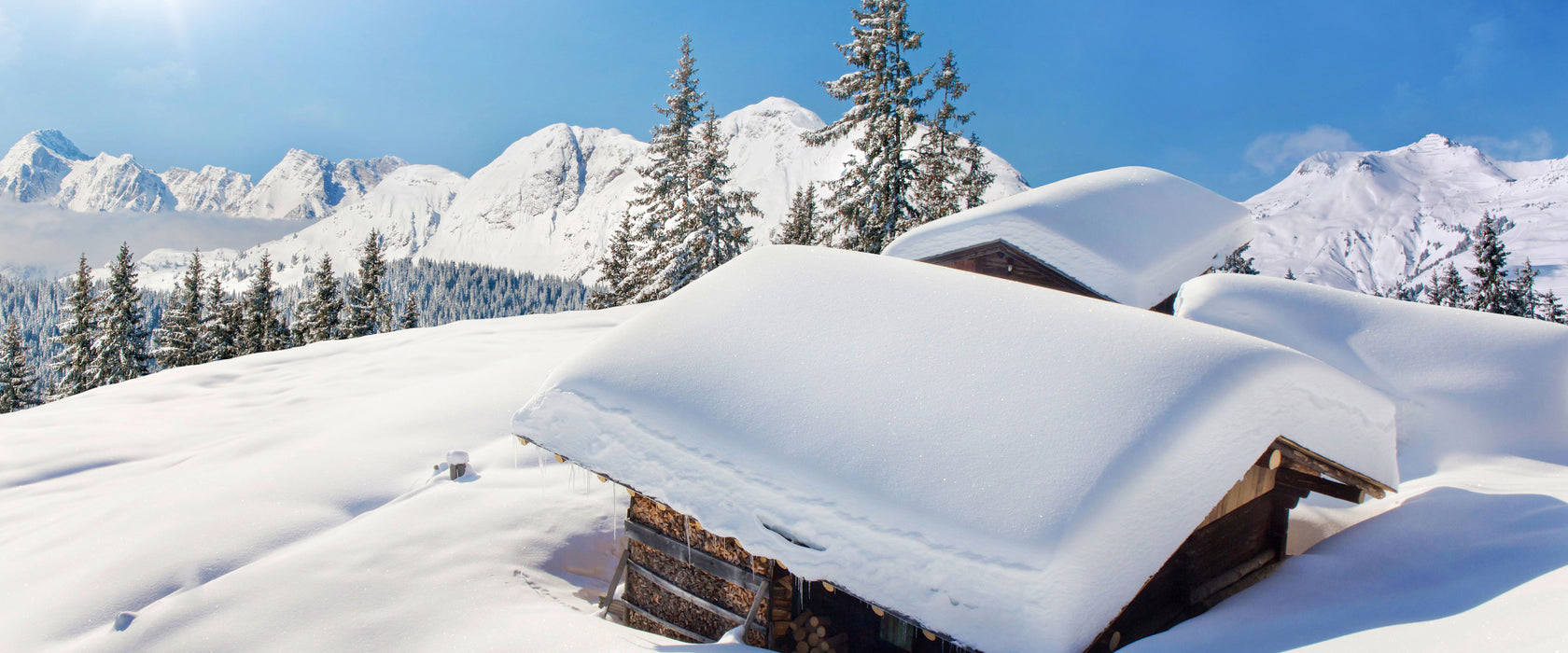 Berghütten in den Alpen, Glasbild Panorama