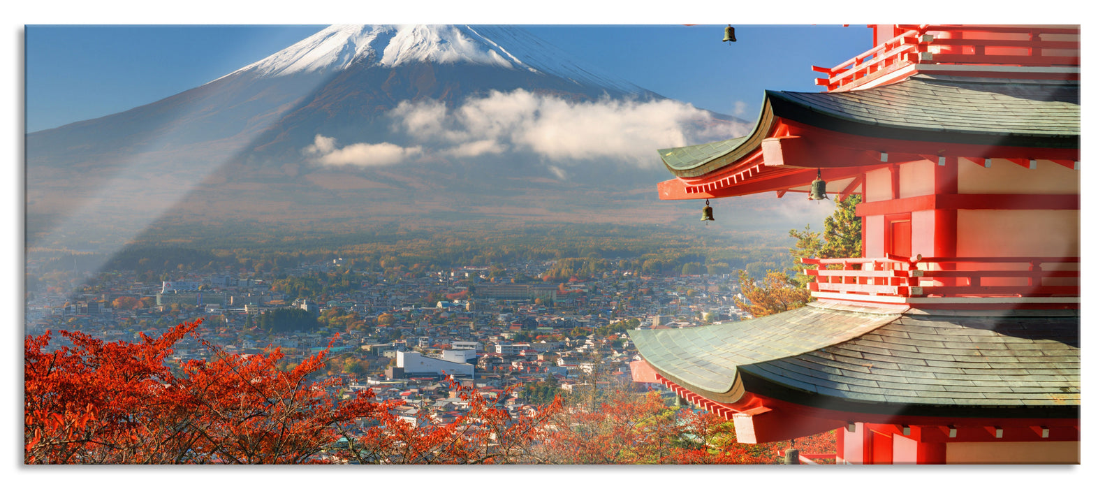 Pixxprint Tempel am Fudschijama Japan, Glasbild Panorama