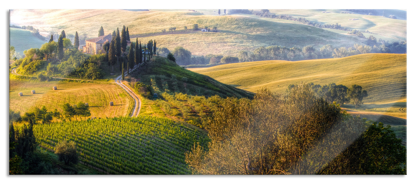 Pixxprint Italienische Toskana Landschaft, Glasbild Panorama