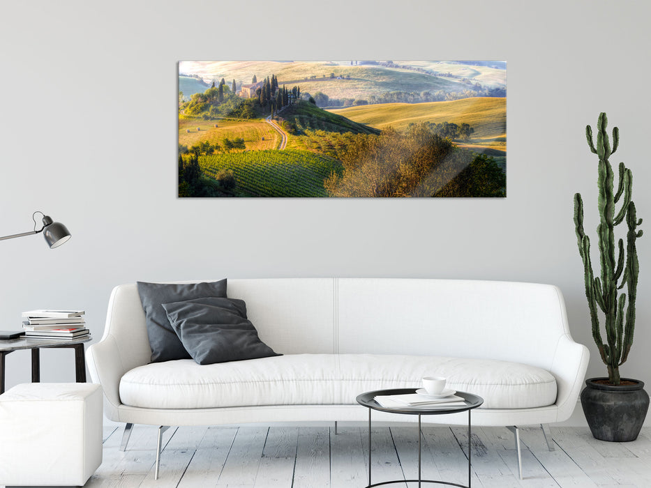 Italienische Toskana Landschaft, Glasbild Panorama