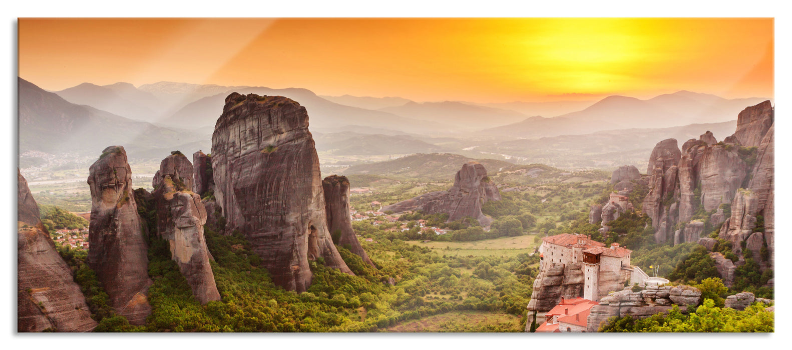 Pixxprint Häuser auf Felsen, Glasbild Panorama