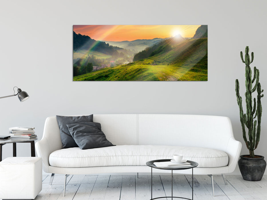 Berge Sonnenuntergang, Glasbild Panorama