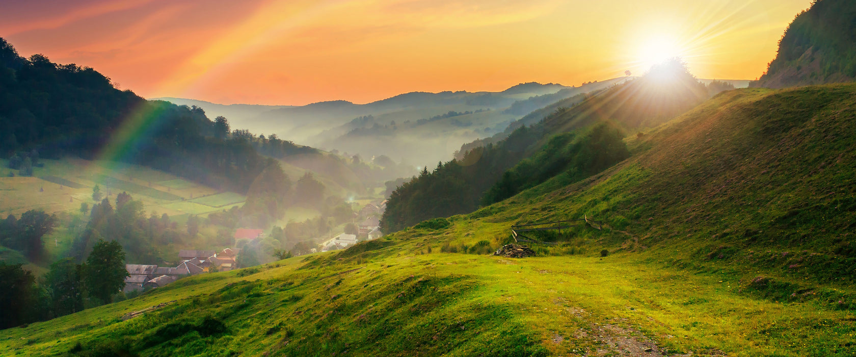 Berge Sonnenuntergang, Glasbild Panorama