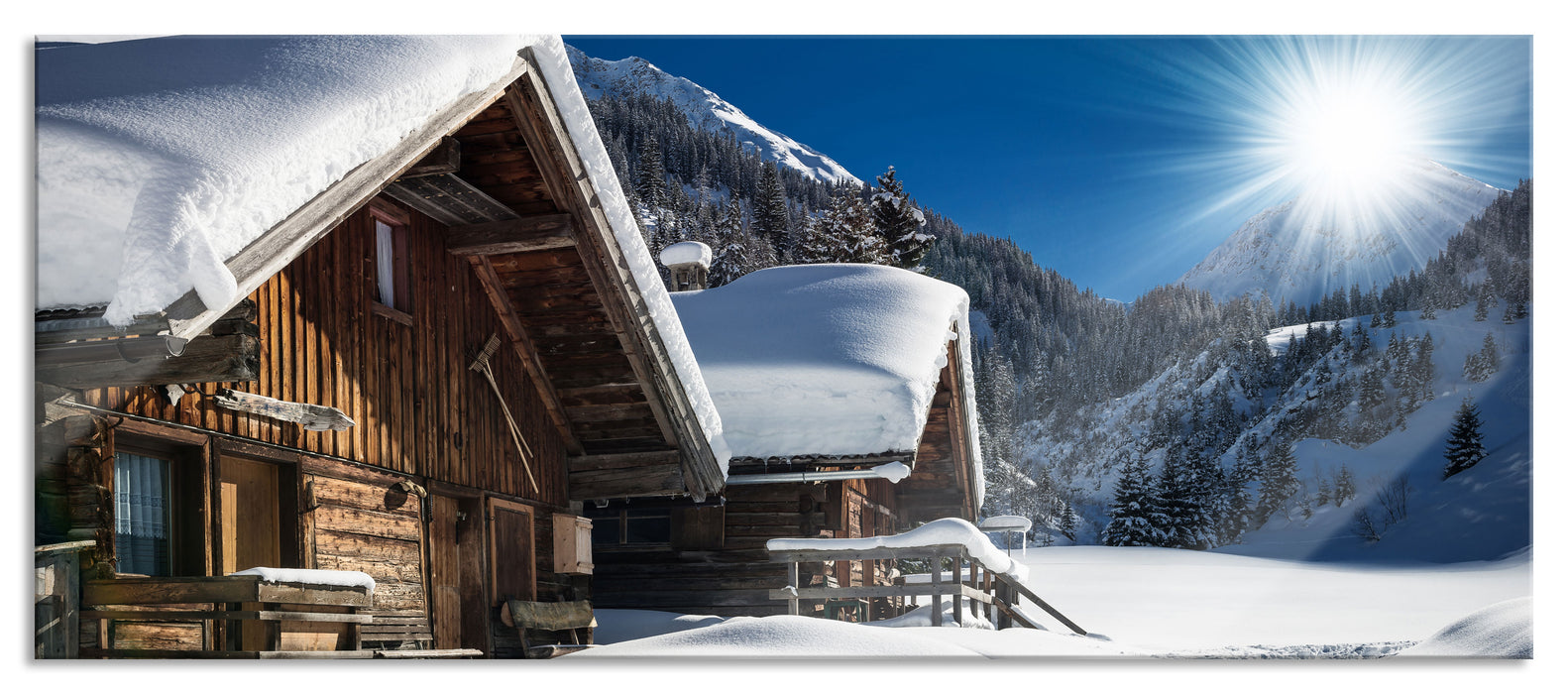 Pixxprint Verschneite Alpenhütte, Glasbild Panorama