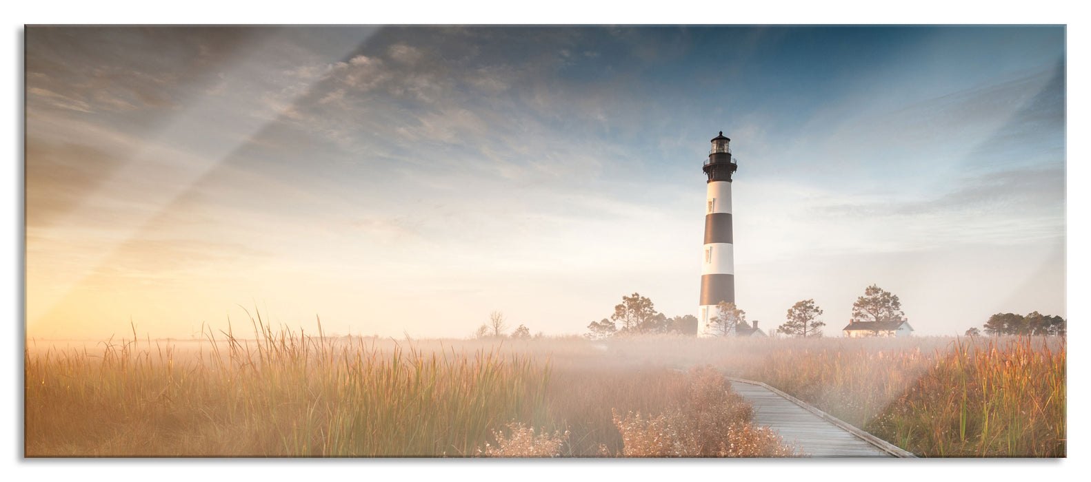 Pixxprint Leuchtturm im Nebel, Glasbild Panorama