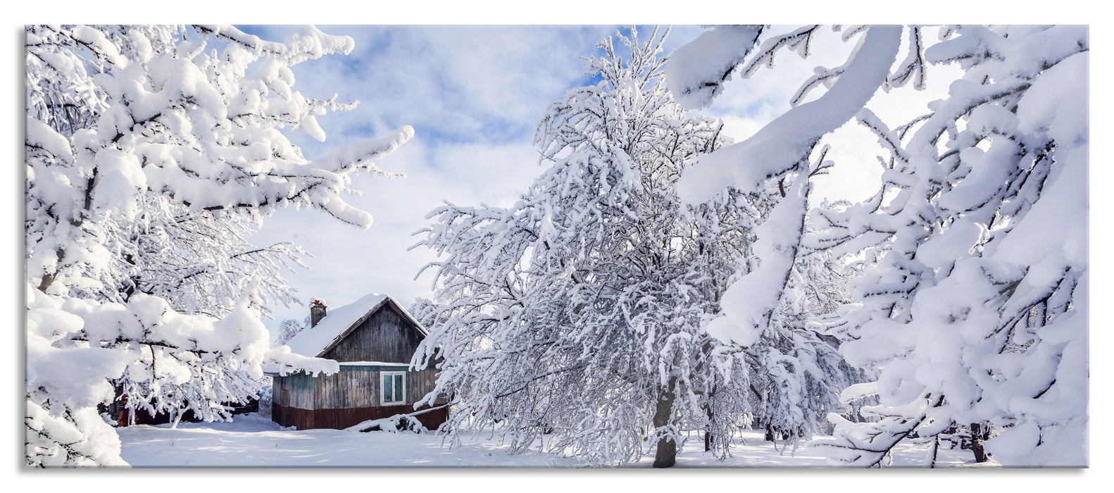 Pixxprint Winterlandschaft mit Hütte, Glasbild Panorama