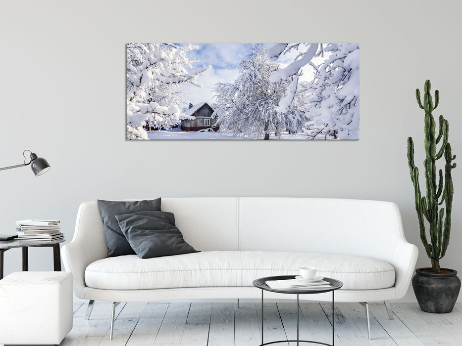 Winterlandschaft mit Hütte, Glasbild Panorama