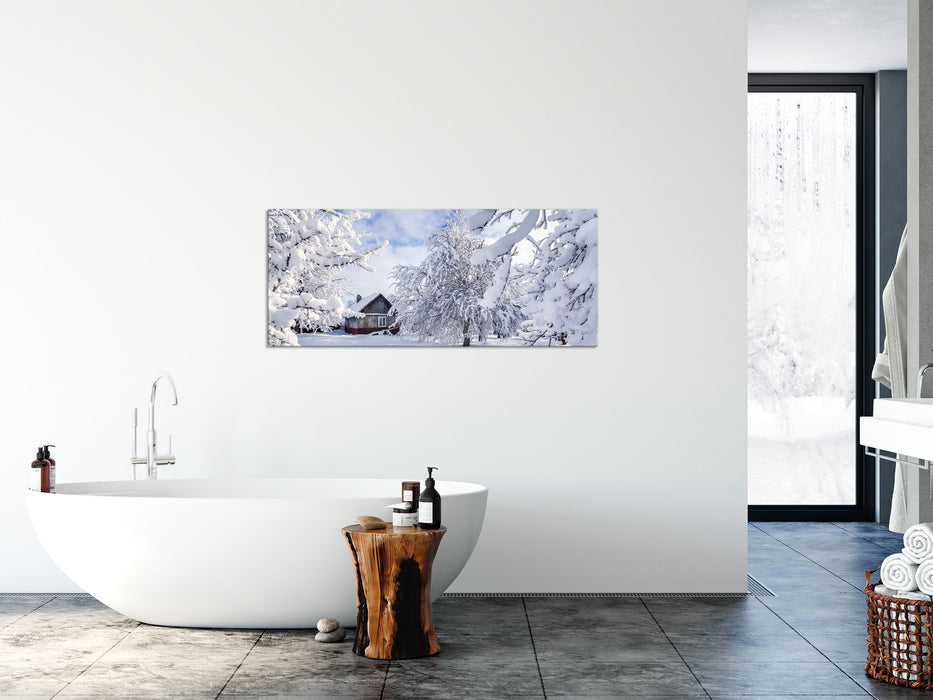 Winterlandschaft mit Hütte, Glasbild Panorama