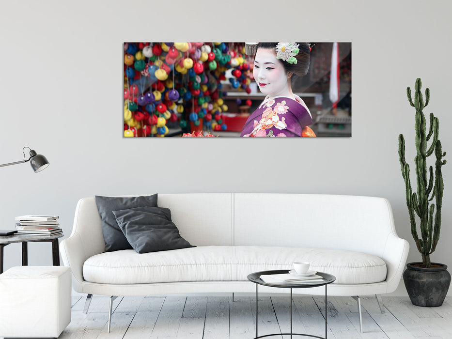 Anmutige Geisha mit Fächer, Glasbild Panorama