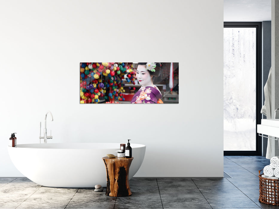 Anmutige Geisha mit Fächer, Glasbild Panorama