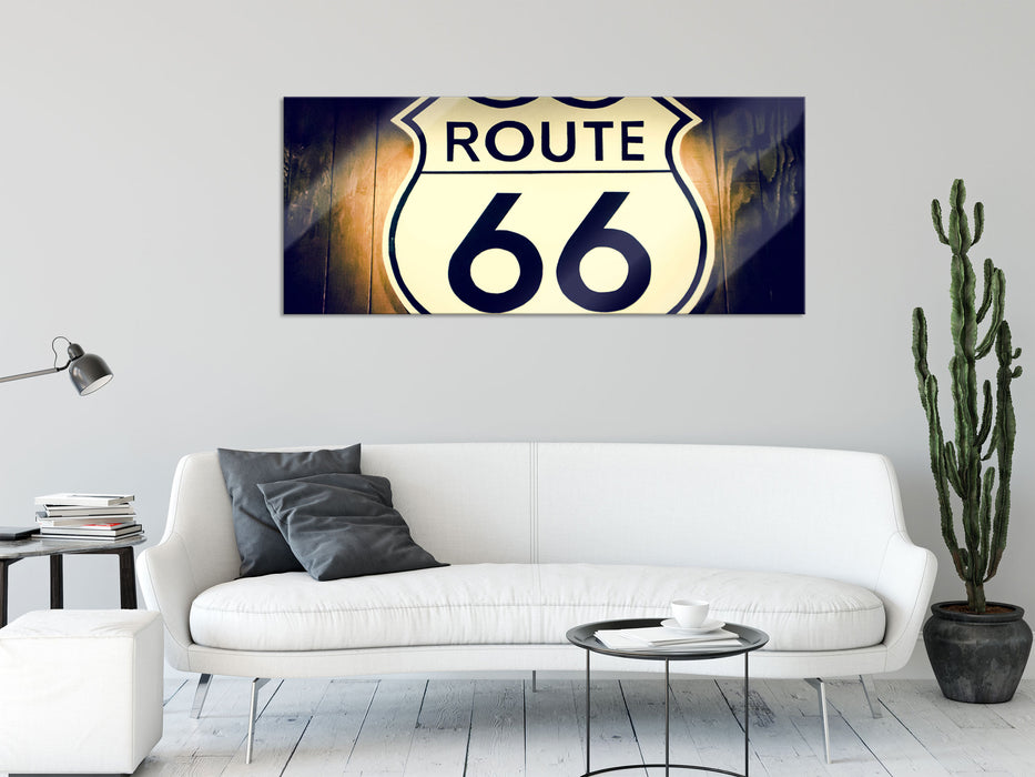 Modernes Route 66 Schild, Glasbild Panorama