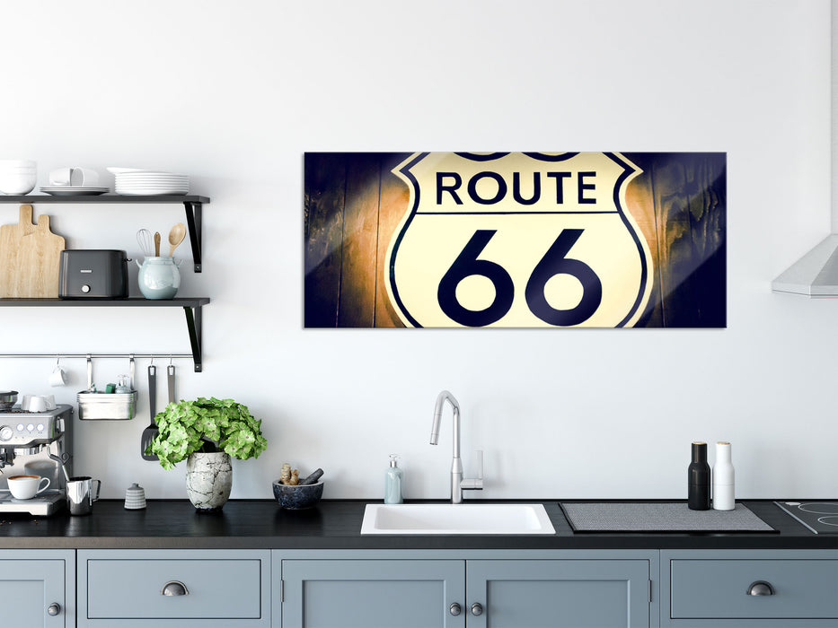 Modernes Route 66 Schild, Glasbild Panorama