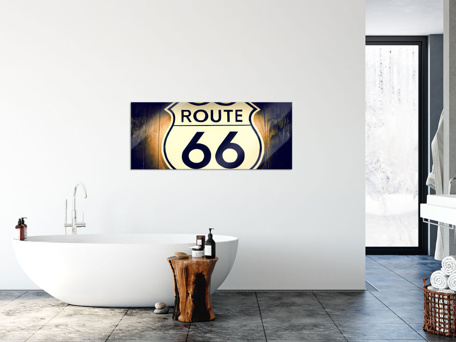 Modernes Route 66 Schild, Glasbild Panorama