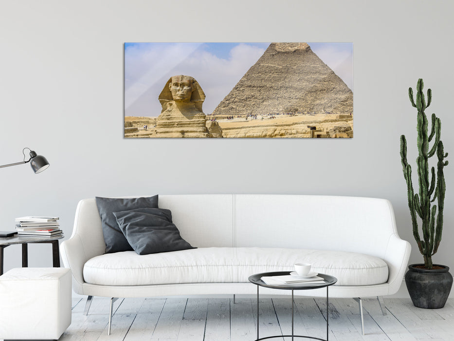 Sphinx von Gizeh mit Pyramide, Glasbild Panorama