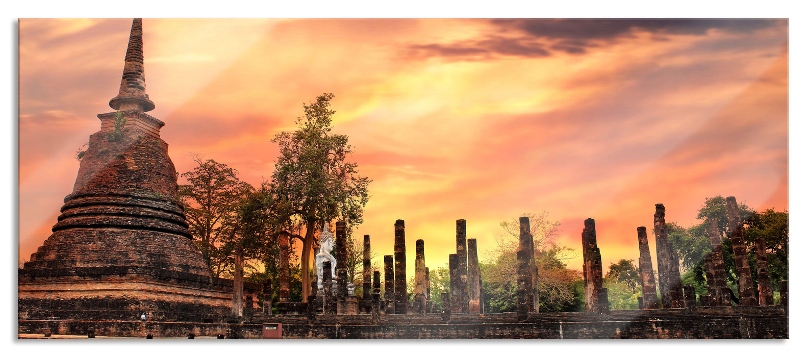 Pixxprint Buddha Tempel im Sonnenuntergang, Glasbild Panorama