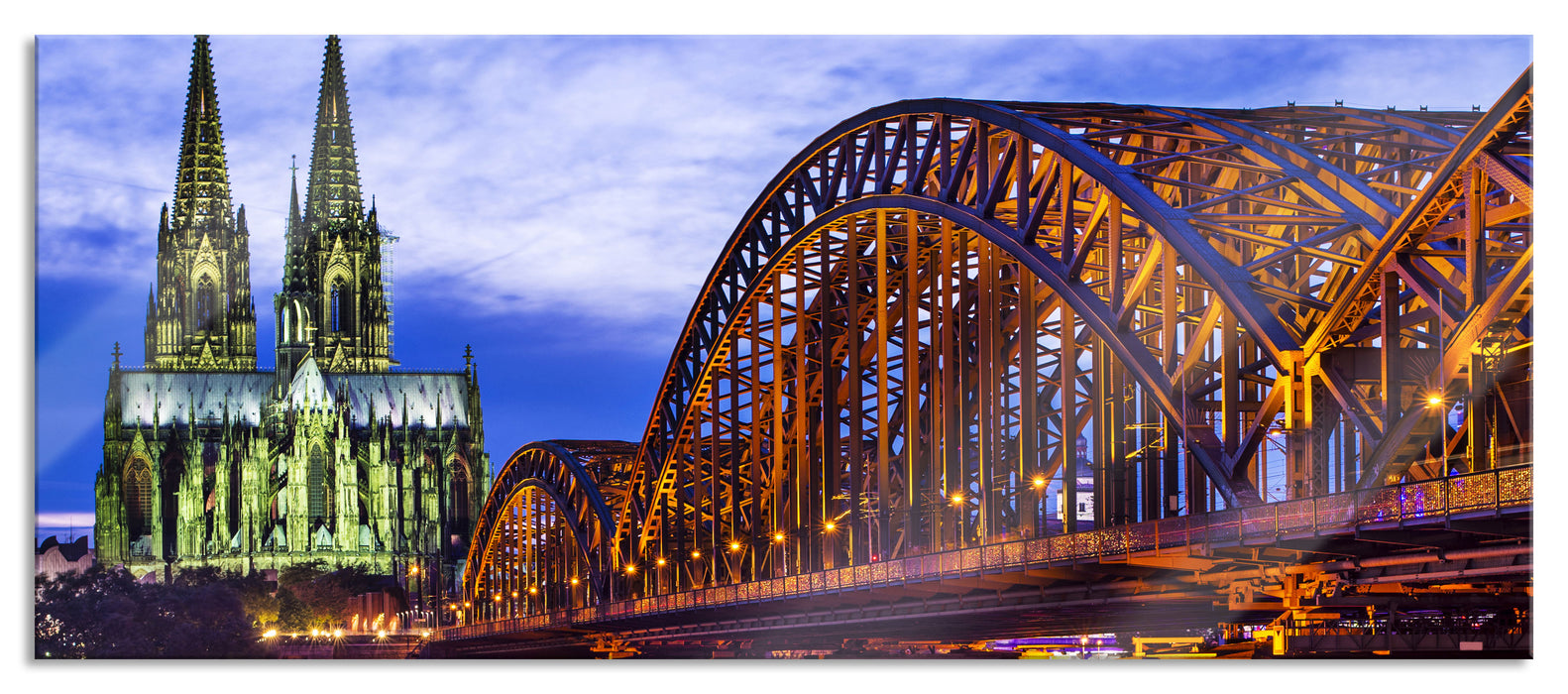 Pixxprint Hohenzollernbrücke bei Nacht, Glasbild Panorama