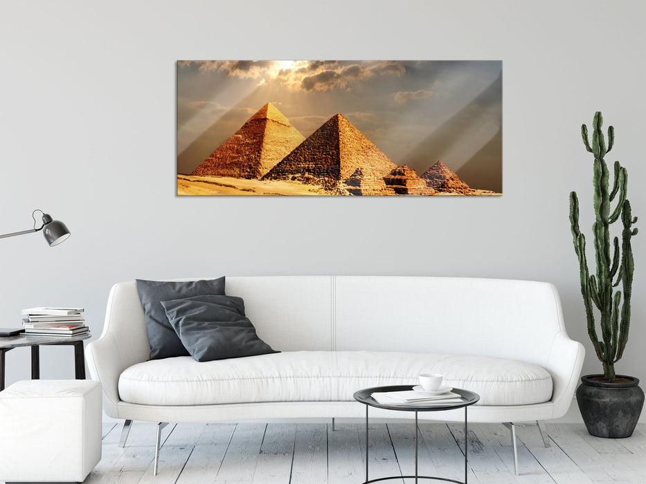 Pyramiden von Gizeh im Sonnenlicht, Glasbild Panorama