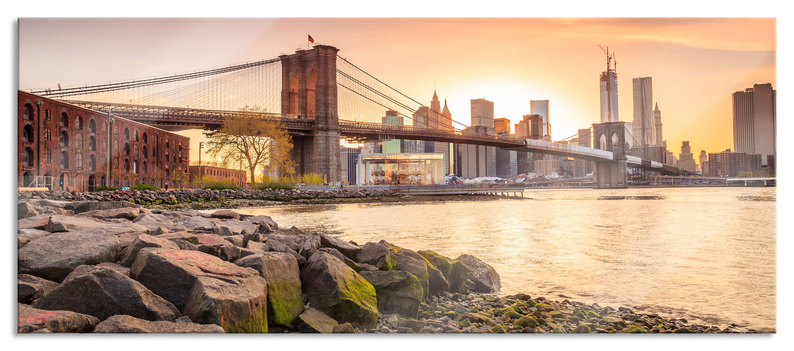 Pixxprint Brooklyn Bridge Sonnenuntergang, Glasbild Panorama