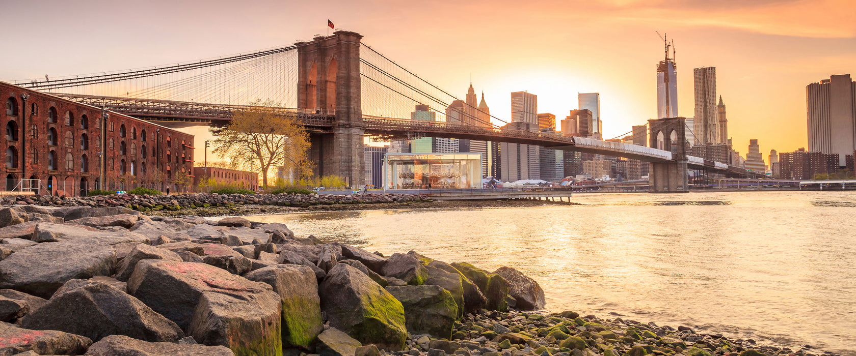 Brooklyn Bridge Sonnenuntergang, Glasbild Panorama