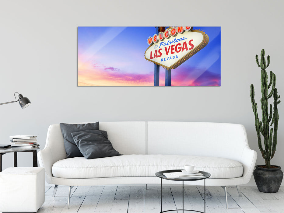 Las Vegas Schild in der Dämmerung, Glasbild Panorama