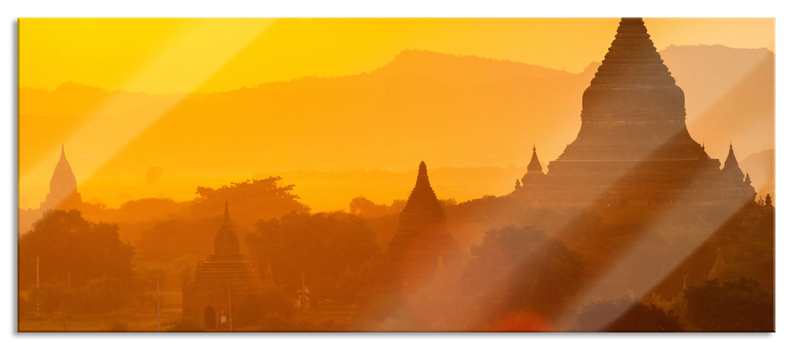 Pixxprint Buddha Tempel im Sonnenuntergang, Glasbild Panorama