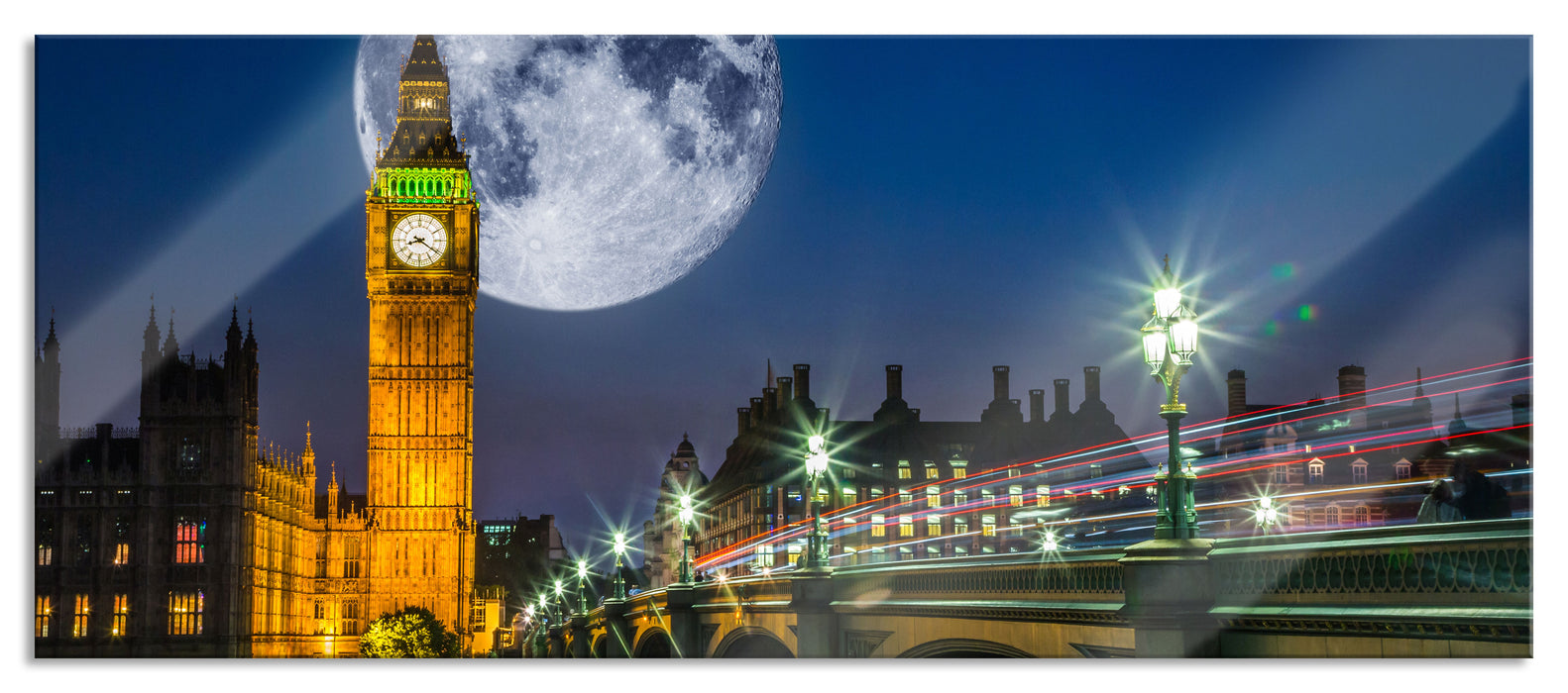 Pixxprint Big Ben vor Mond in London, Glasbild Panorama