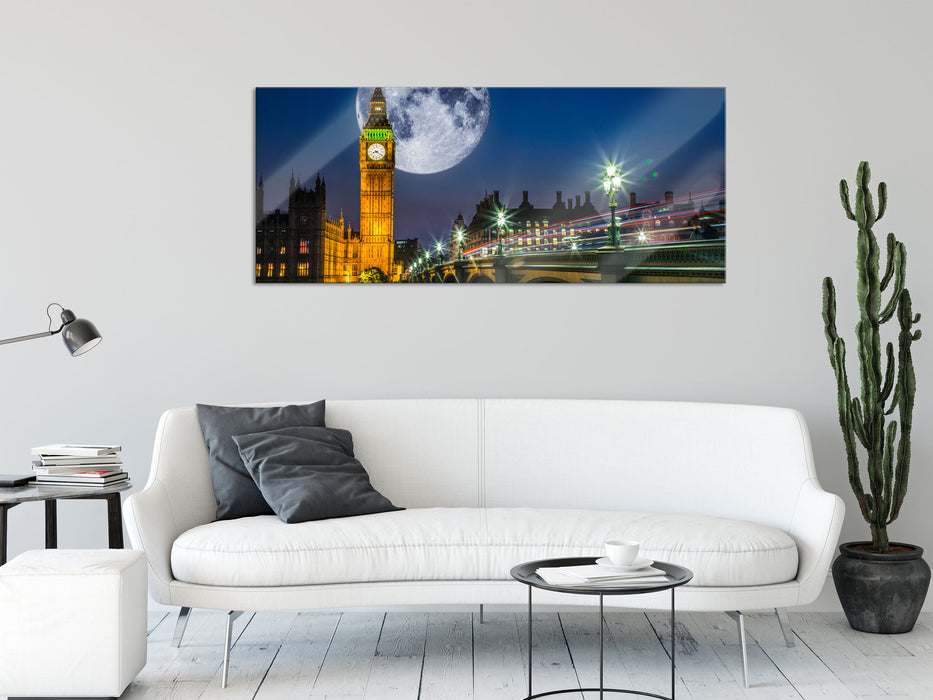 Big Ben vor Mond in London, Glasbild Panorama