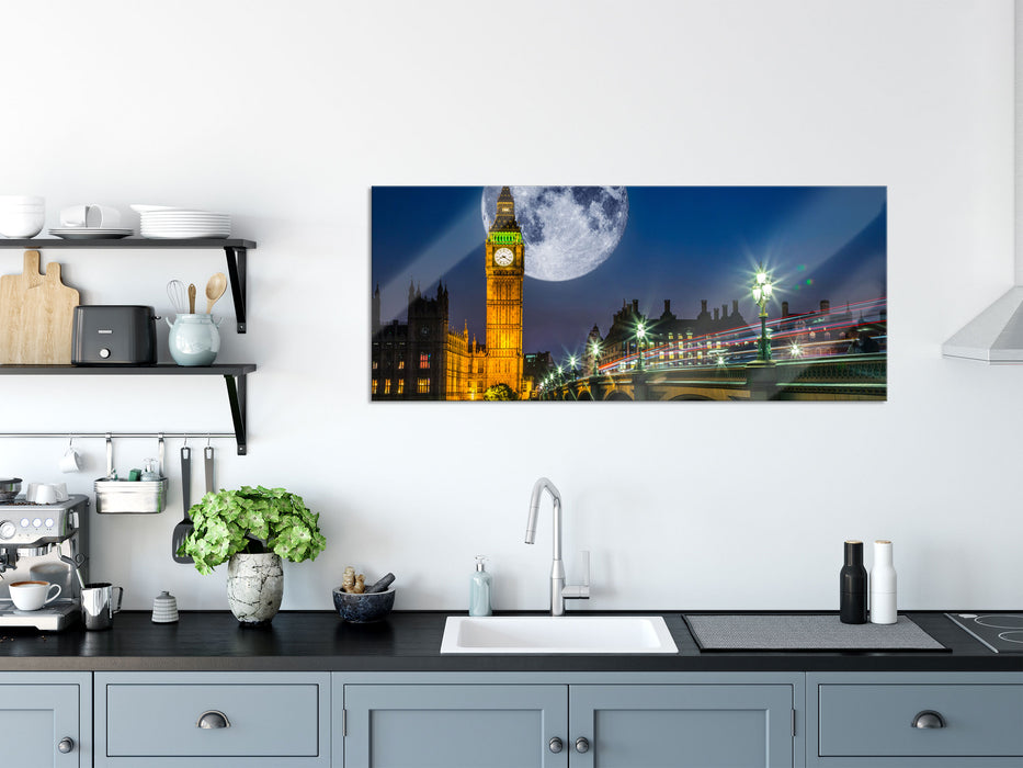 Big Ben vor Mond in London, Glasbild Panorama