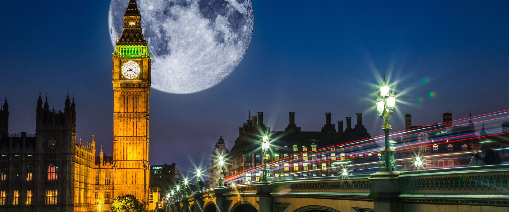 Big Ben vor Mond in London, Glasbild Panorama