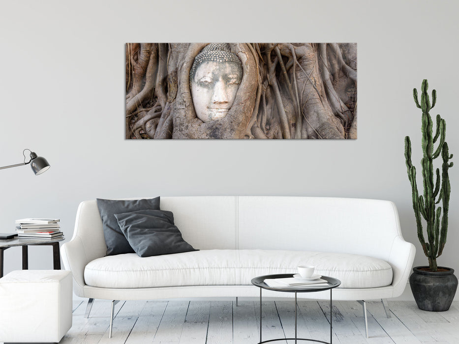 Buddha Kopf im Baum, Glasbild Panorama