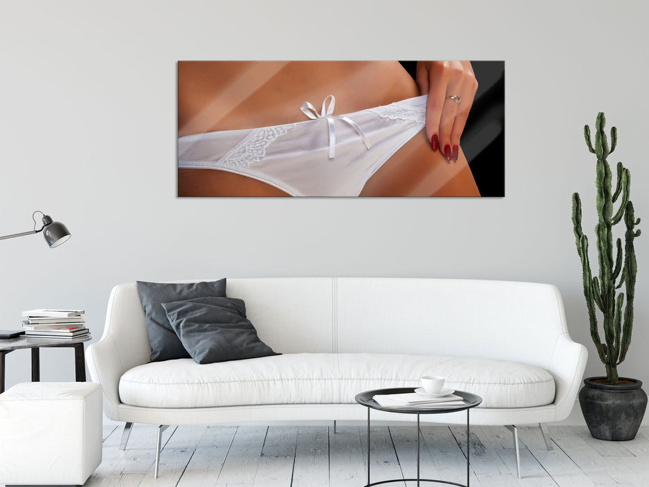 Sexy weiße Dessous, Glasbild Panorama