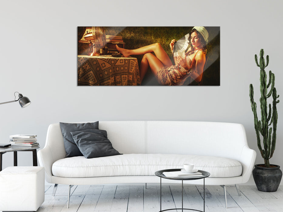 Frau Fächer Drink, Glasbild Panorama