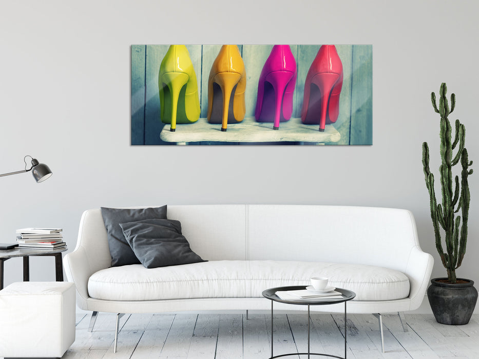 Bunte High Heels, Glasbild Panorama