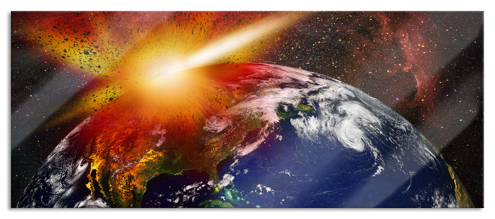 Pixxprint Erde mit Kometeneinschlag, Glasbild Panorama