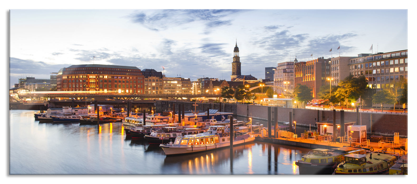 Pixxprint Hamburger Hafen am Abend, Glasbild Panorama