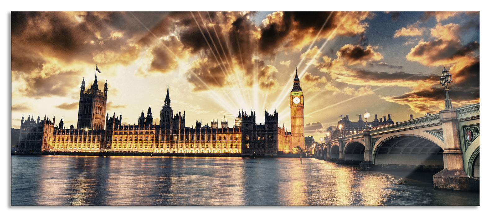 Pixxprint Big Ben am Abend, Glasbild Panorama